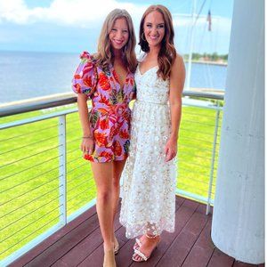 NWOT Lichi White & Gold Floral-embroidered Lace Ruffle Sleeve Midi Dress, XS